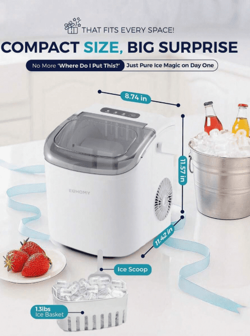 EHOMY Countertop Ice Maker Machine With Handle, 26lbs Per Day, 9 Ice Cubes Ready In 6 Mins, Auto-Cleaning Portable Ice Maker With Basket And Scoop, For Home/Kitchen/Camping/RV (White)