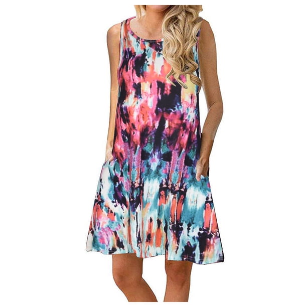Elegante mujer sin mangas Rounk cuello verano cómodo bolsillos de impresión Casual vestido de tanque suelto OAVQHLG3B Store lin121212