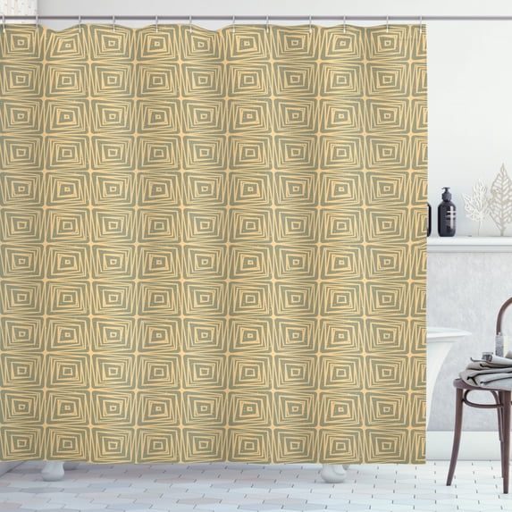 Earth Tones Shower Curtain, Geometric Trippy Line Inner Square Tile Grunge Urban Contemporary, Fabric Bathroom Set with Hooks, 69W X 70L Inches, Pale Orange Reseda Green, by Ambesonne