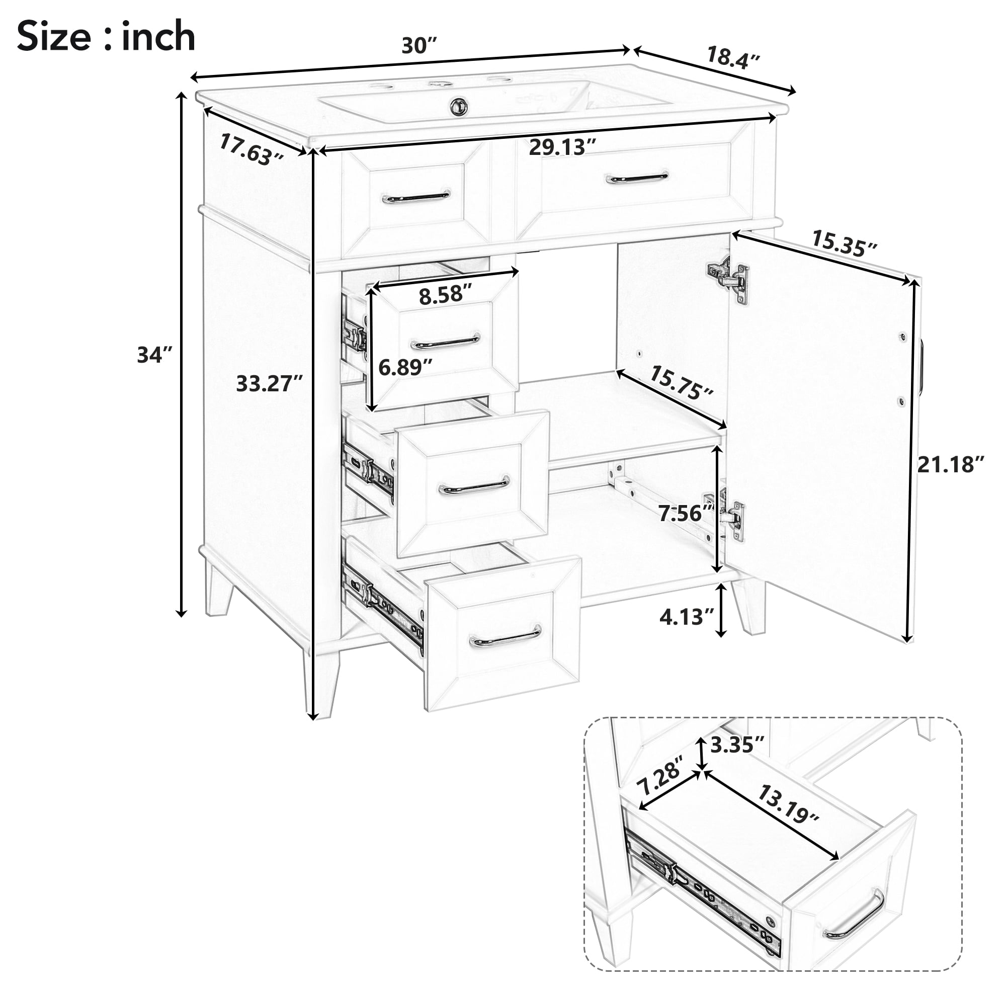 EUROCO 30" Bathroom Vanity with Ceramic Sink,Solid Wood Bathroom Makeup Cabinet with Soft Close Door,Adjustable Shelf and 3 Drawers,Free Standing Single Basin Vanity Set for Bathroom,White