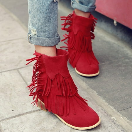 

Midewhik Solid Women s Boots Fashion Retro Tassel Boots Color Suede Slip-On Fashion Flat women s boots