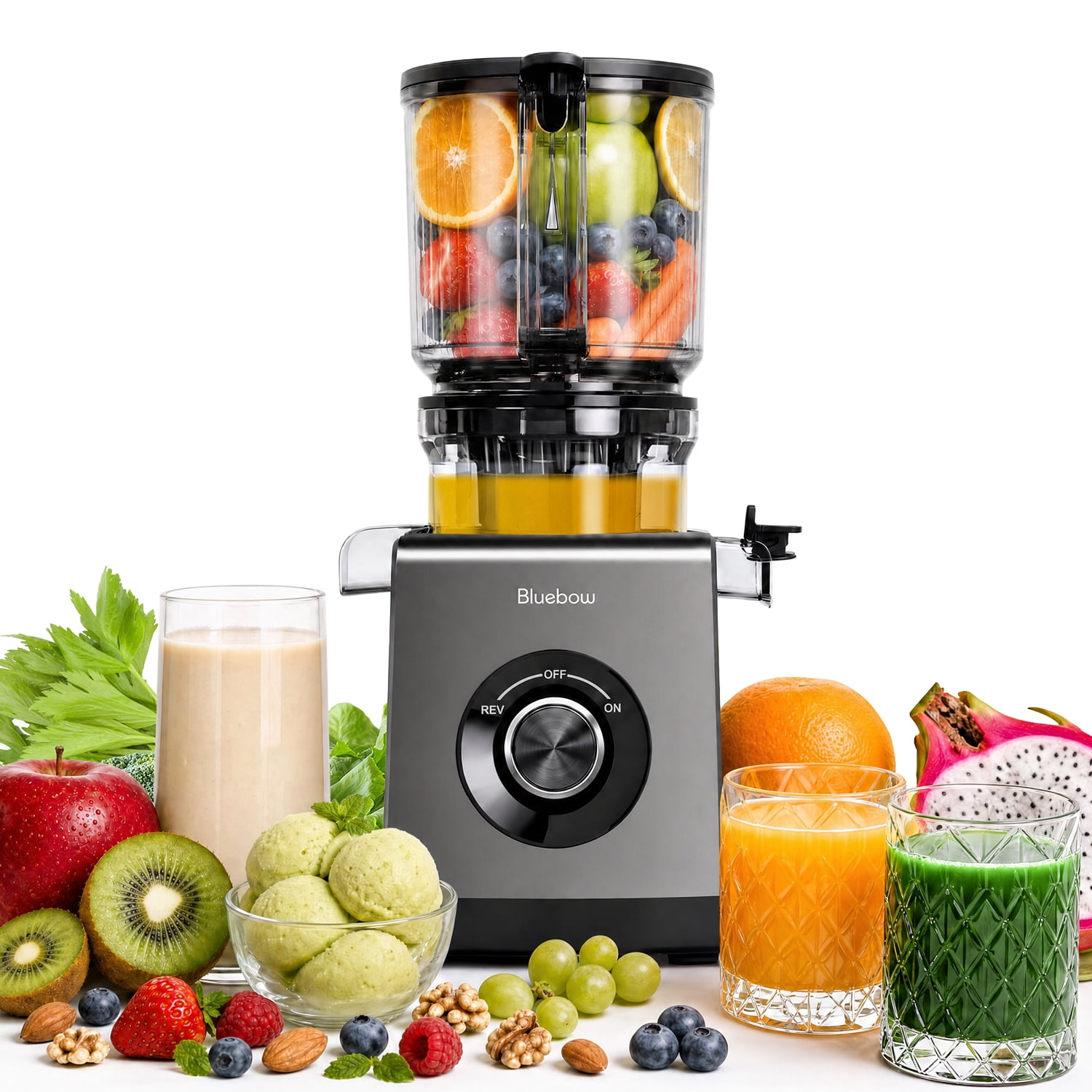 Bluebow Juicer Machines, Cold Press Juicer with 6.5" Extra Large Feed Chute, Slow Masticating Juicer Maker for Whole Vegetables and Fruits, High Juice Yield, Easy to Clean, Grey