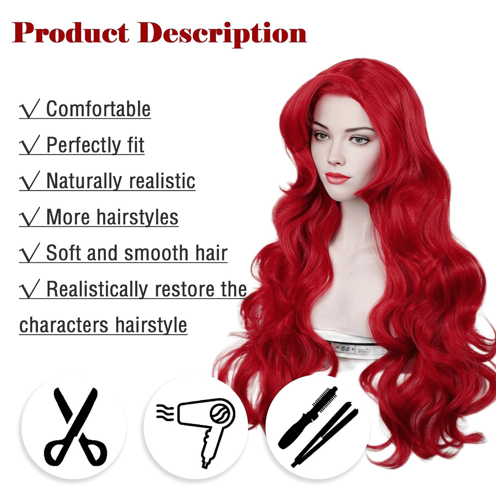Morovan Red Curly Wig Adult Long Hair Daily Wig Heat Resistant Synthetic Fiber for Halloween for Cosplay for Christmas