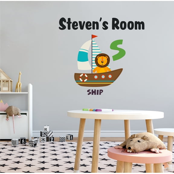 ALPHABET - Ship Boat Lion Animal Sailor Multicolored Vinyl Décor Letter S Alphabet Design Easy To Apply Kids Nursery Bedroom Wall Decal - Removable Home Art Personalized Name Wall Sticker 10" x 9"