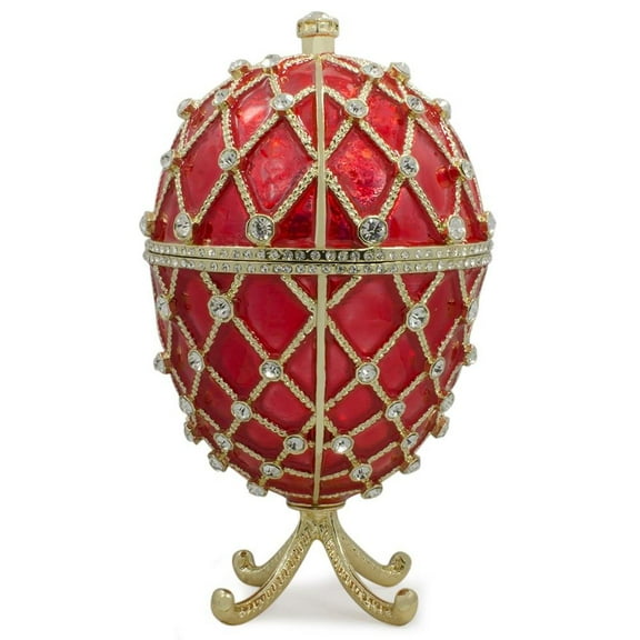 Royal Trellis with Crystals on Red Enamel Royal Inspired Metal Easter Egg 7 Inches