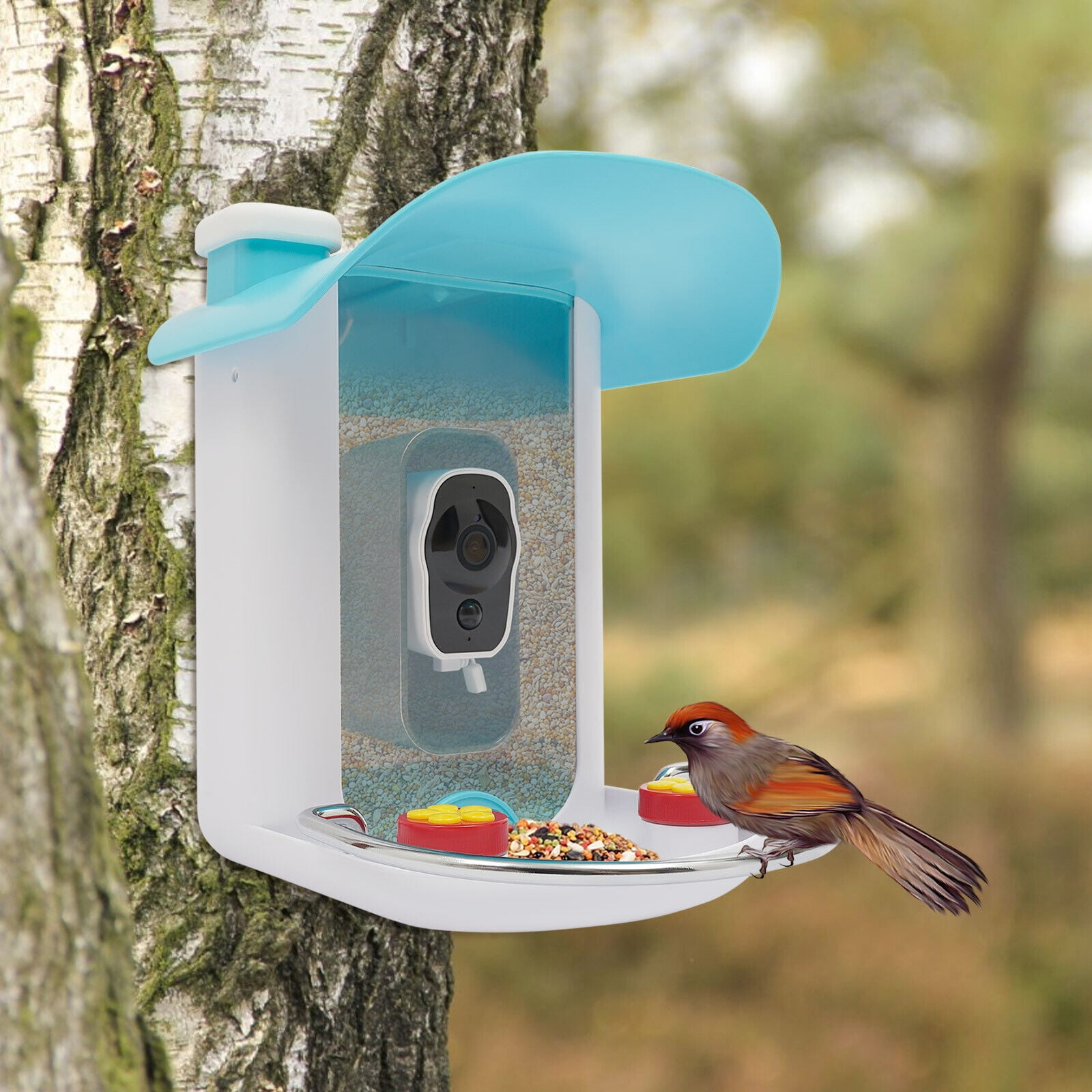 Blue&White Modern Smart Bird Feeder - 1080P 2MP Camera,150° Wide Angle,AI Bird Recognition (11000+ Species),Solar/USB Powered,IP65 Waterproof,2.5L Capacity for Outdoor Bird Watching