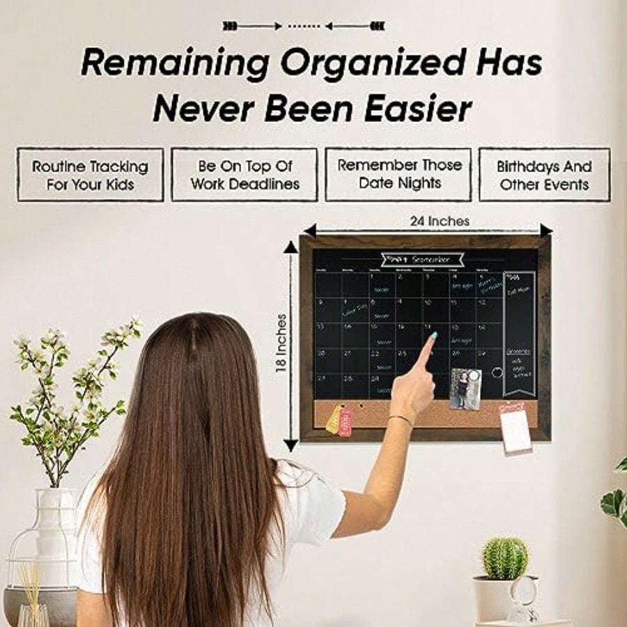 Chalkboard Calendar Bulletin Combo 18 X 24 Rustic Frame With Chalk Markers PushPins Magnets Blackboard Kitchen Wall Calendar Organizer