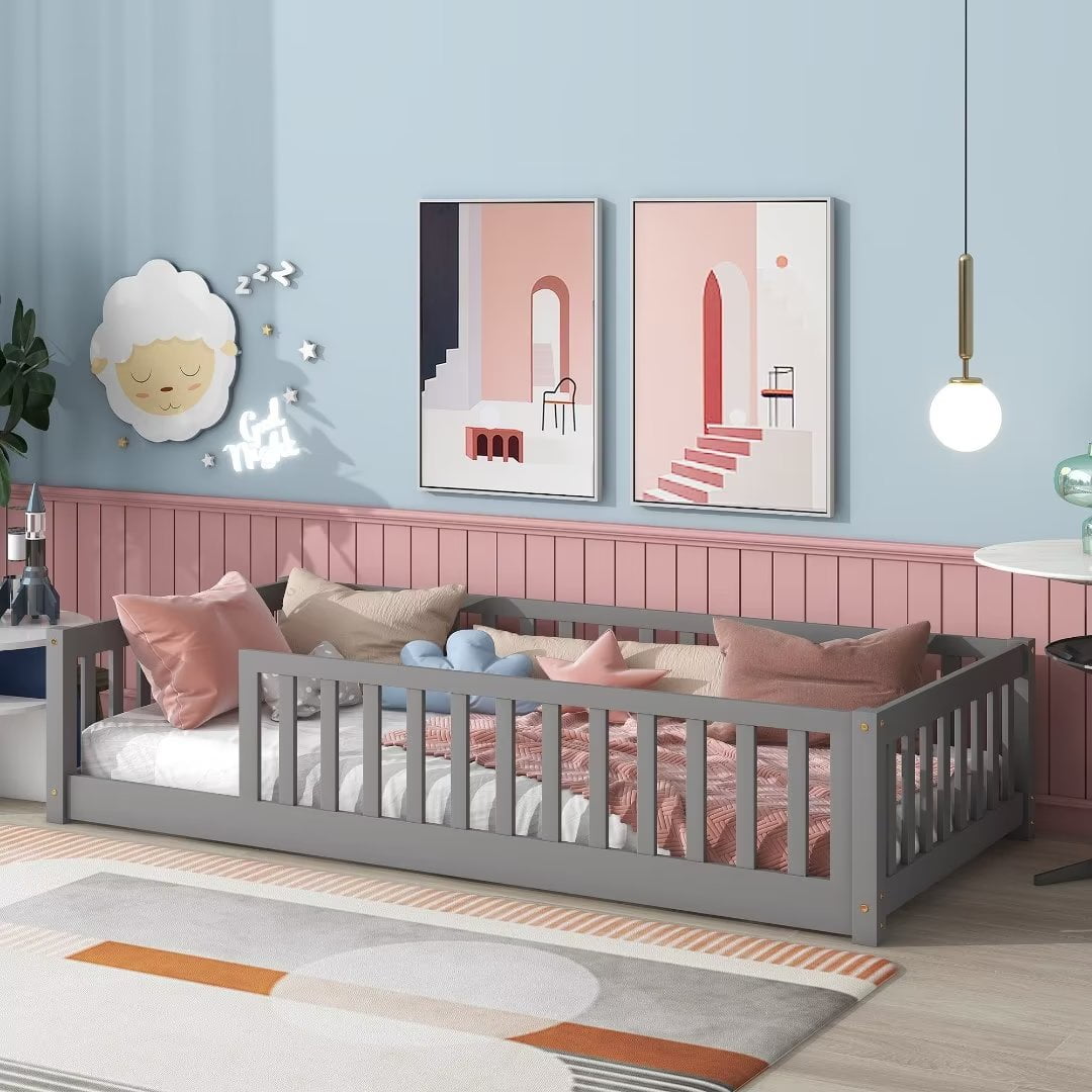 Triple Tree Kids Twin Pine Wood Floor Bed with Fence, Gray/White