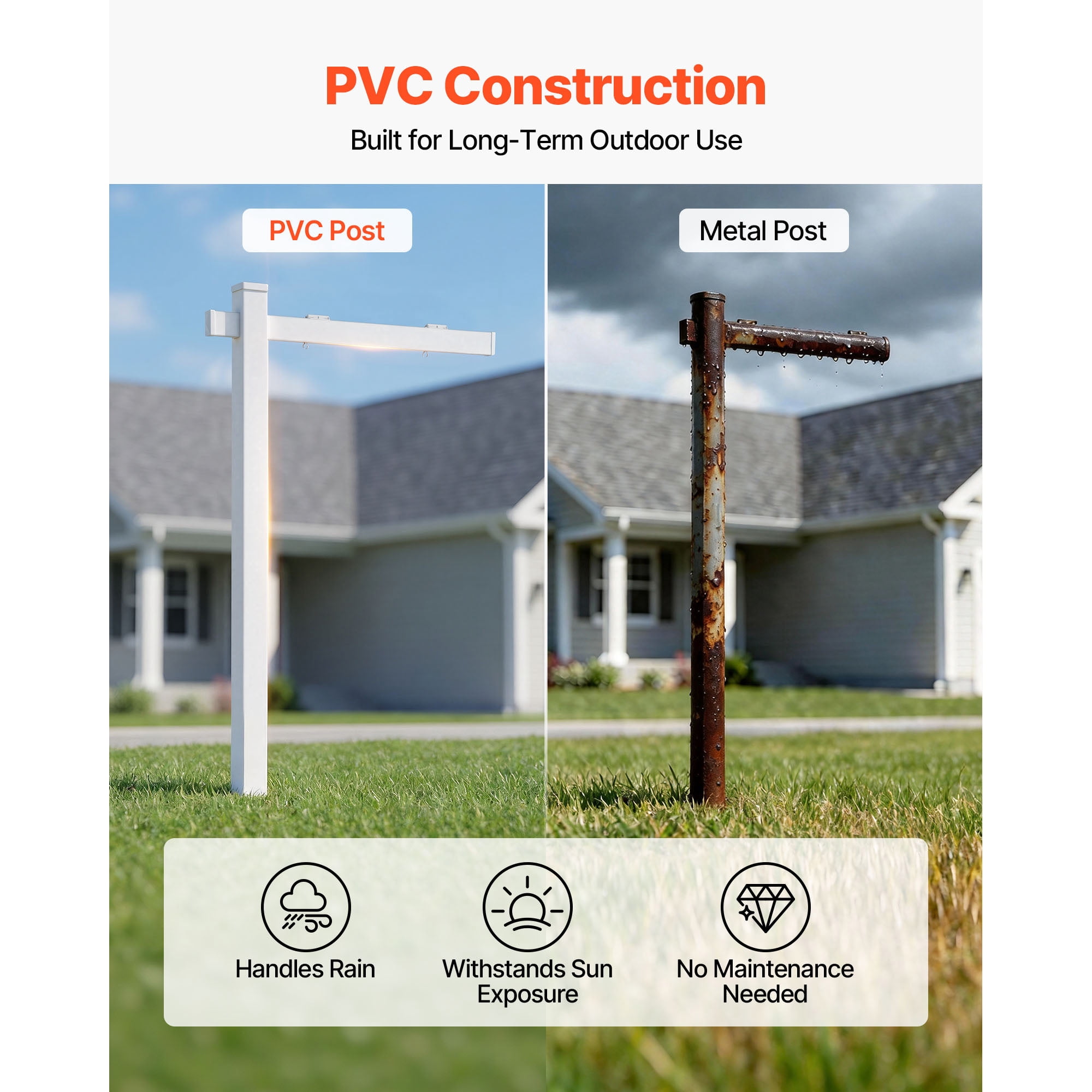 KFFKFF 6 ft Real Estate Sign Post, PVC Yard Sign Holder with 47 in Arm for Signs up to 36 in, Easy Installation, Wind-Resistant, Suitable for Open House, Home, Outdoor Use, White (No Signs Included)