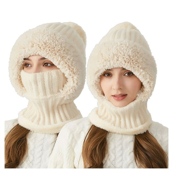 3 in 1 Beanie Hat for Women, 3-in-1 Knitted Beanie Hat, Mask Set Hooded Piece Windproof Warm Snow Cap