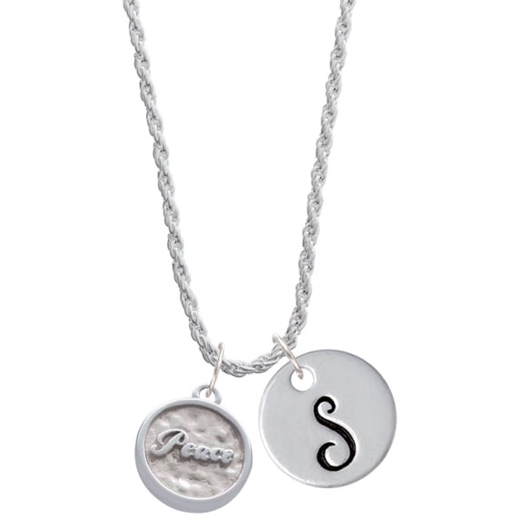 Delight Jewelry Silvertone Peace - Round Seal Silvertone Script Initial Disc - S - Charm Necklace, 20"+3"