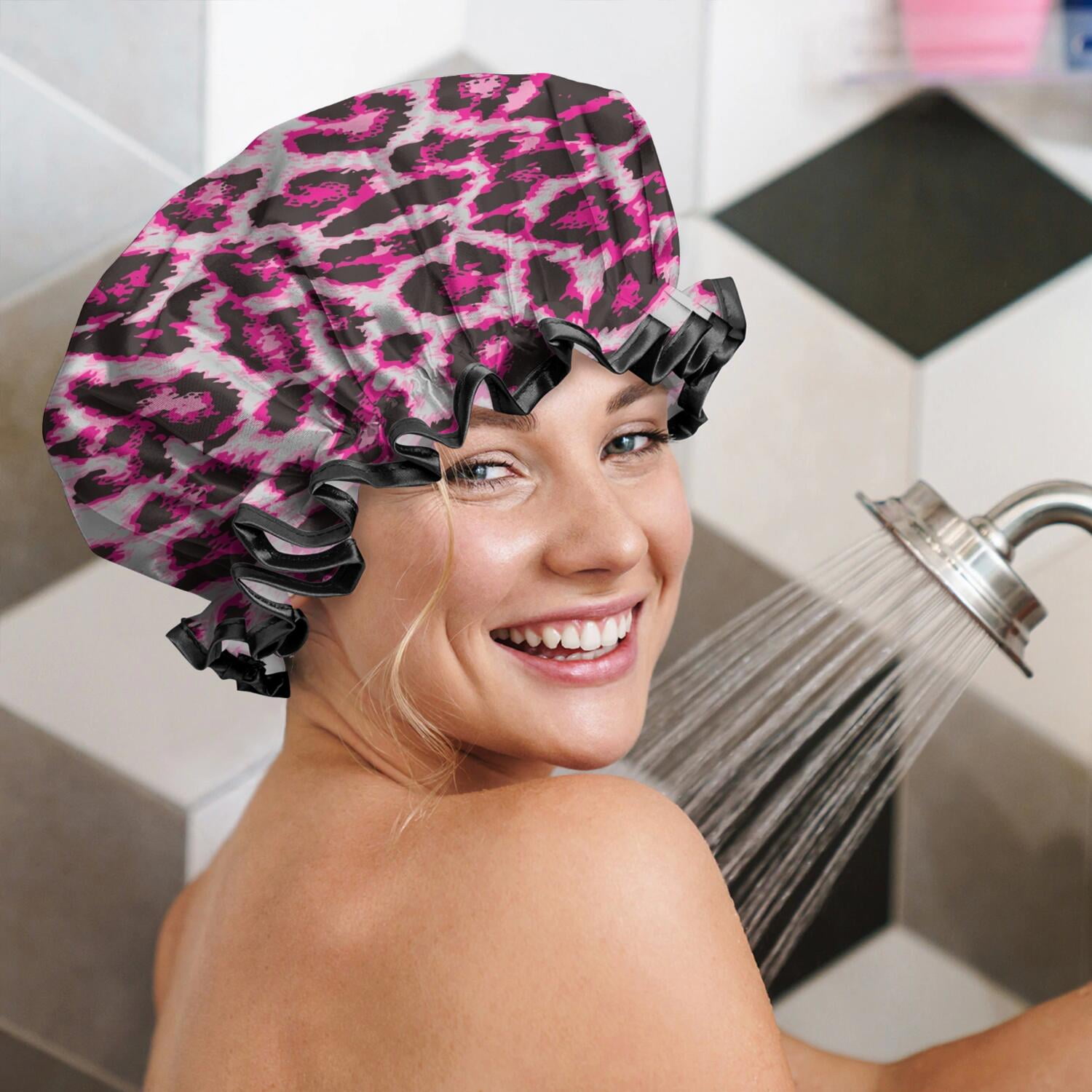 Shower Caps,Pink and Gray Of Leopard Print Waterproof Shower Cap for Women 4 Pieces,Double Reusable Hair Cover for Shower PEVA Elastic Stretch Hem