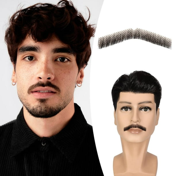 Wodelanle Bigote Falso Barba Realista Cabello 100% Humano Atado a Mano Completo Vello Facial Perilla Negra Barbas Falsas Encaje Bigote Falso Invisible para Entretenimiento Fiesta Drama Película Maquil