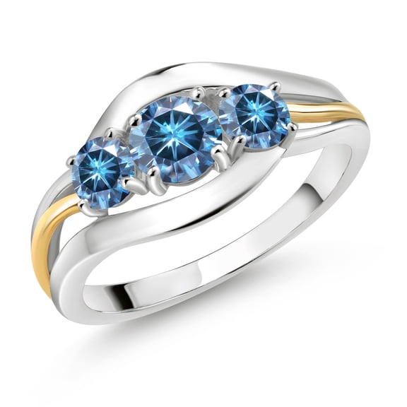 Gem Stone King 925 Sterling Silver and 10K Yellow Gold Round Persian Blue Moissanite 3 Stone Ring for Women (0.96 Cttw, Size 6)