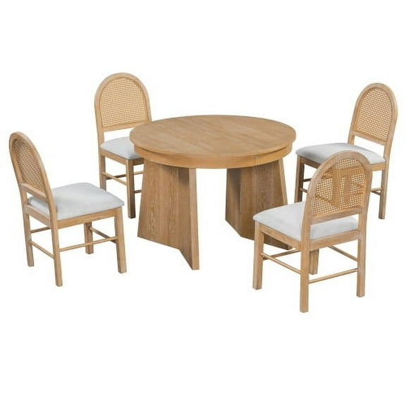 5-Piece Round Dining Table Set for 4, Retro Extendable dining table set with 4 Upholstered Chairs, Kitchen Adjustable Table and Chairs Set