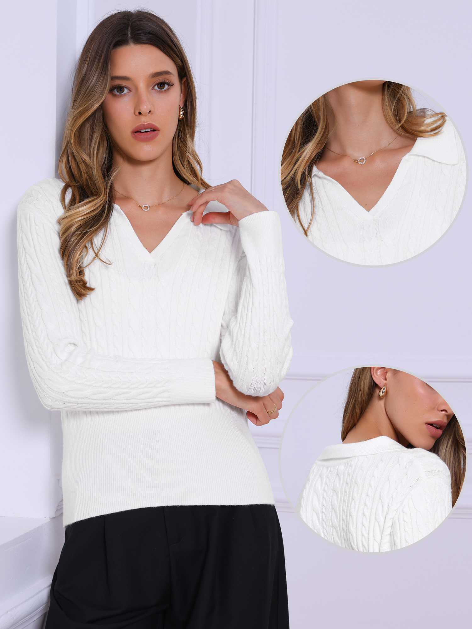 DARING DIVA Fall Sweaters Collared V Neck Cable Knit Pullover Tops M White