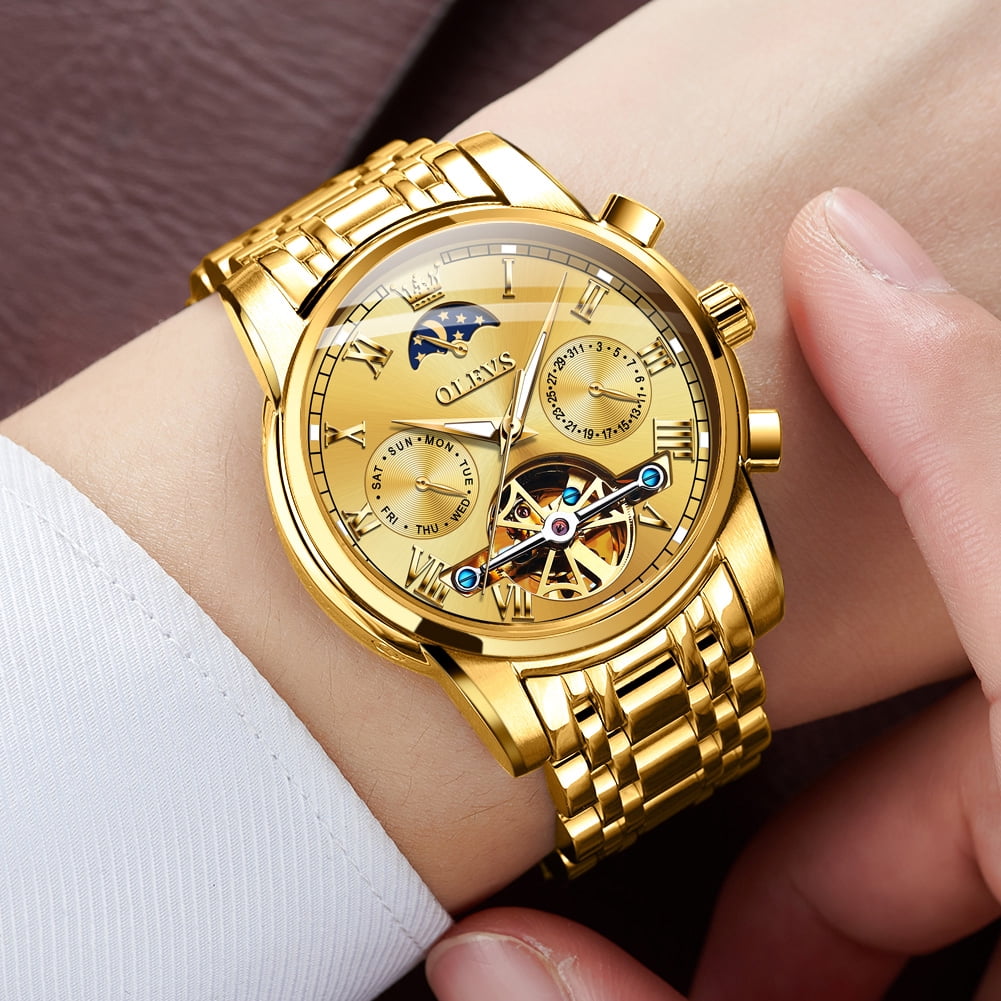 OLEVS Automatic Watches for Mens Skeleton Mechanical Self Winding Chronograph Calendar Classic Dress Moon Phase Multifunction Mens Wrist Watches Luminous Waterproof Stainless Steel Reloj Para Hombre
