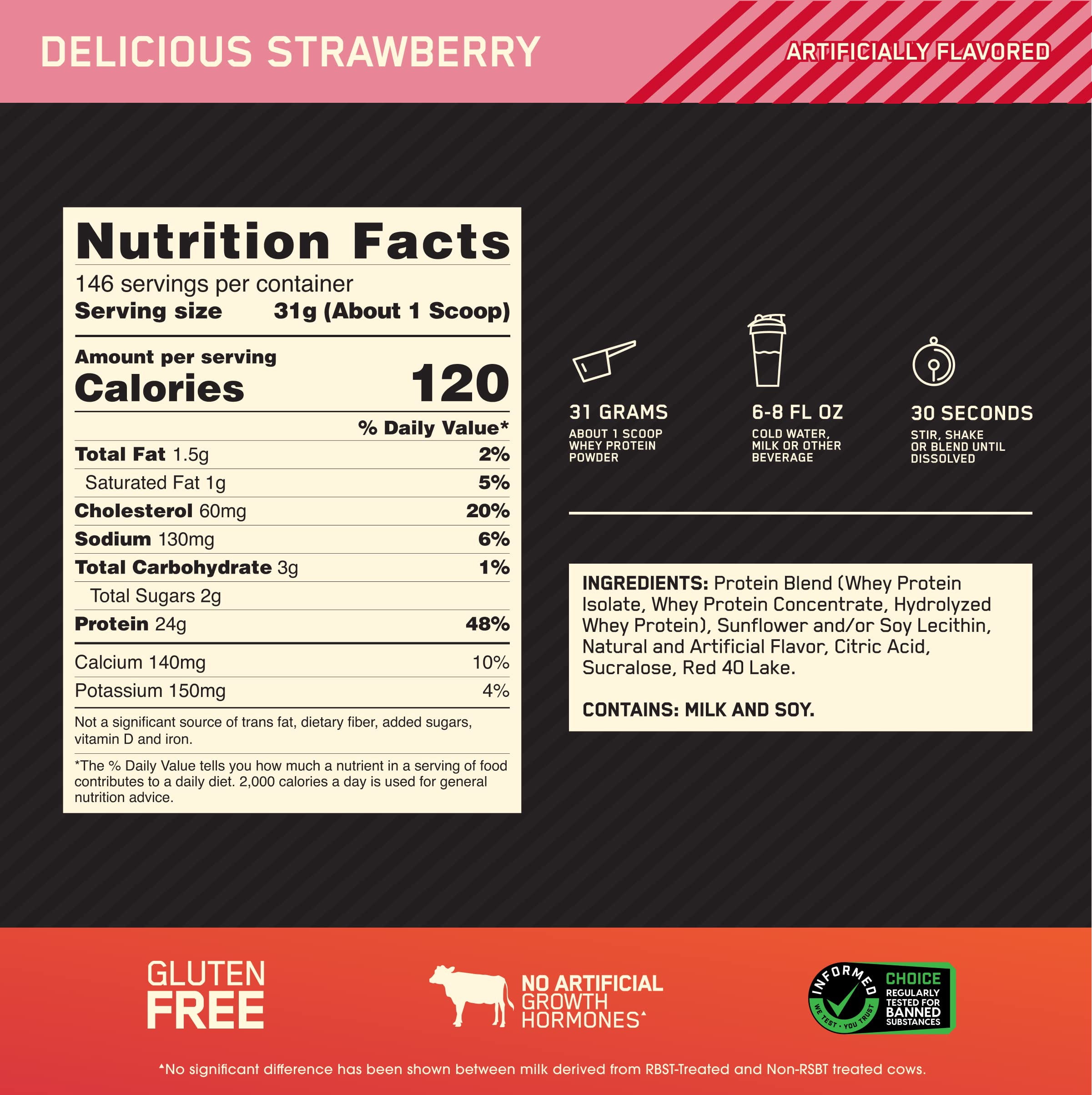 Optimum Nutrition 100% Whey Gold, Strawberry, 10lb