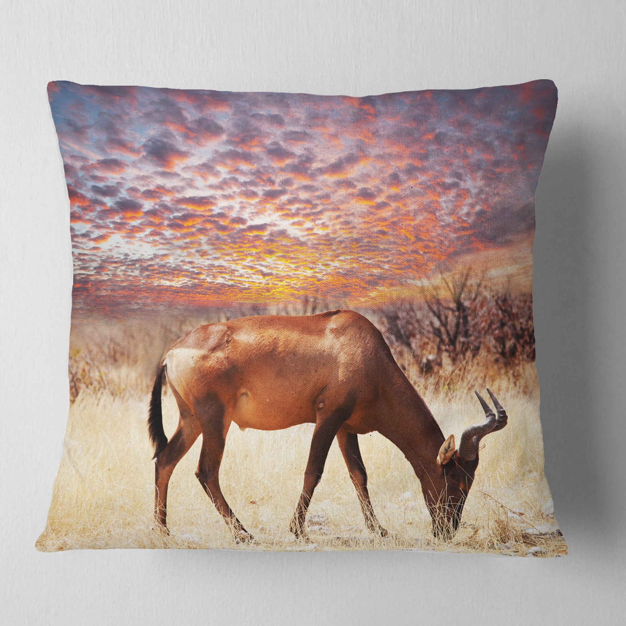 Designart Antelope in Bush under Dramatic Sky - African Landscape Printed Throw Pillow - 18x18