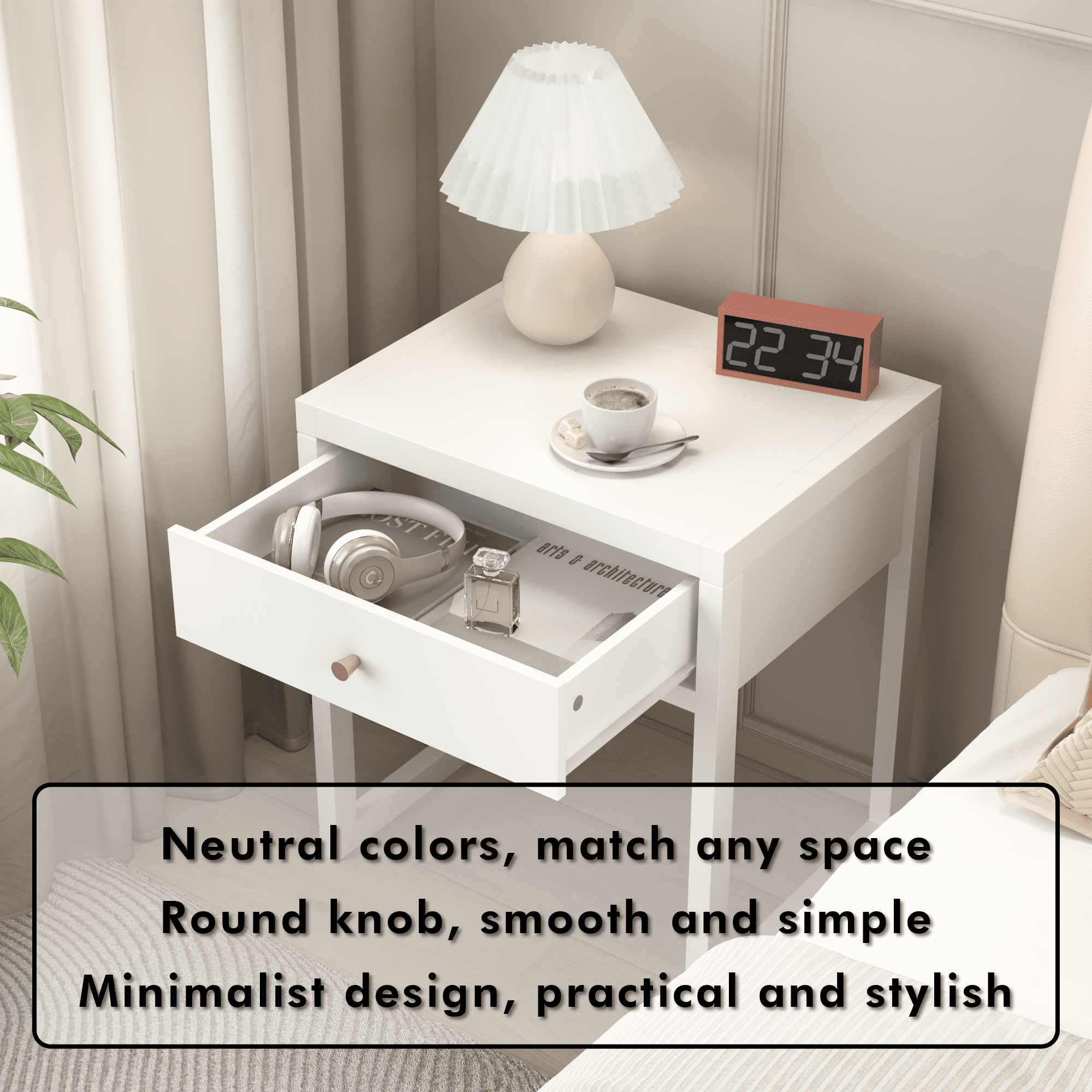 White Nightstand with Drawer,End Table,Bedside Table with Wood Handle for Small Spaces,Bedroom,Apartmen