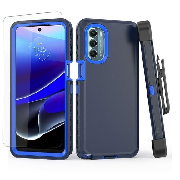 NIFFPD Moto G Stylus 5G 2022 Case with Screen Protector Full Body Shockproof Phone Cover with Belt-Clip Holster Dark blue&Blue
