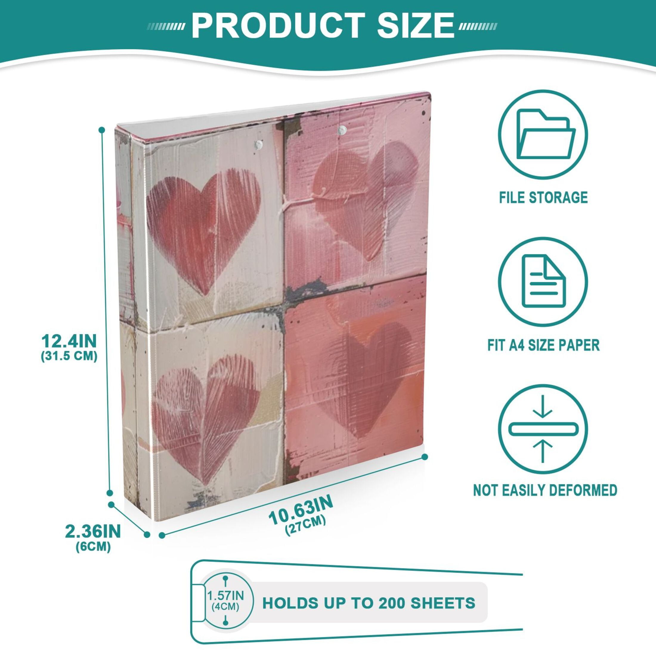 Pretty Pink Hearts 3 Ring Binders 1.5 inch Hardcover File Folders with Interior Pockets A4 Size Organizer for School Office Hospital