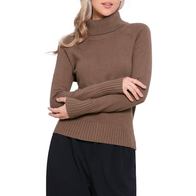 Blusa de suéter de cuello alto para mujeres, de manga larga, de punto acanalado, top pullover, color marrón