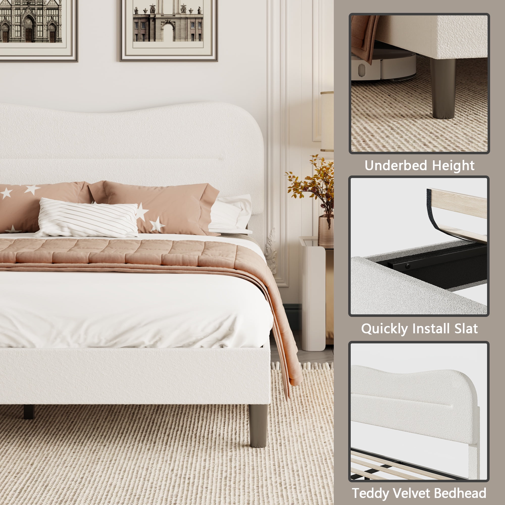 Tydimor King Bed Frame with Teddy Velvet Soft Curved Headboard, Platform Bed Easy Assembly, Noise-Free, White