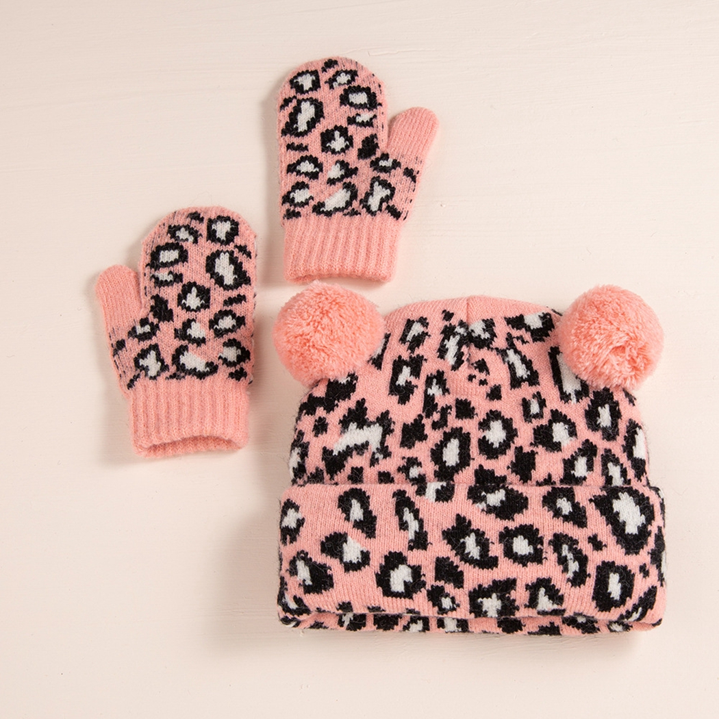 Coxeer Baby Knit Hat Thick: Stripe Leopard Print Beanie Cap Kids Winter Hat with Gloves, Infant Unisex, Size: Free size, Black