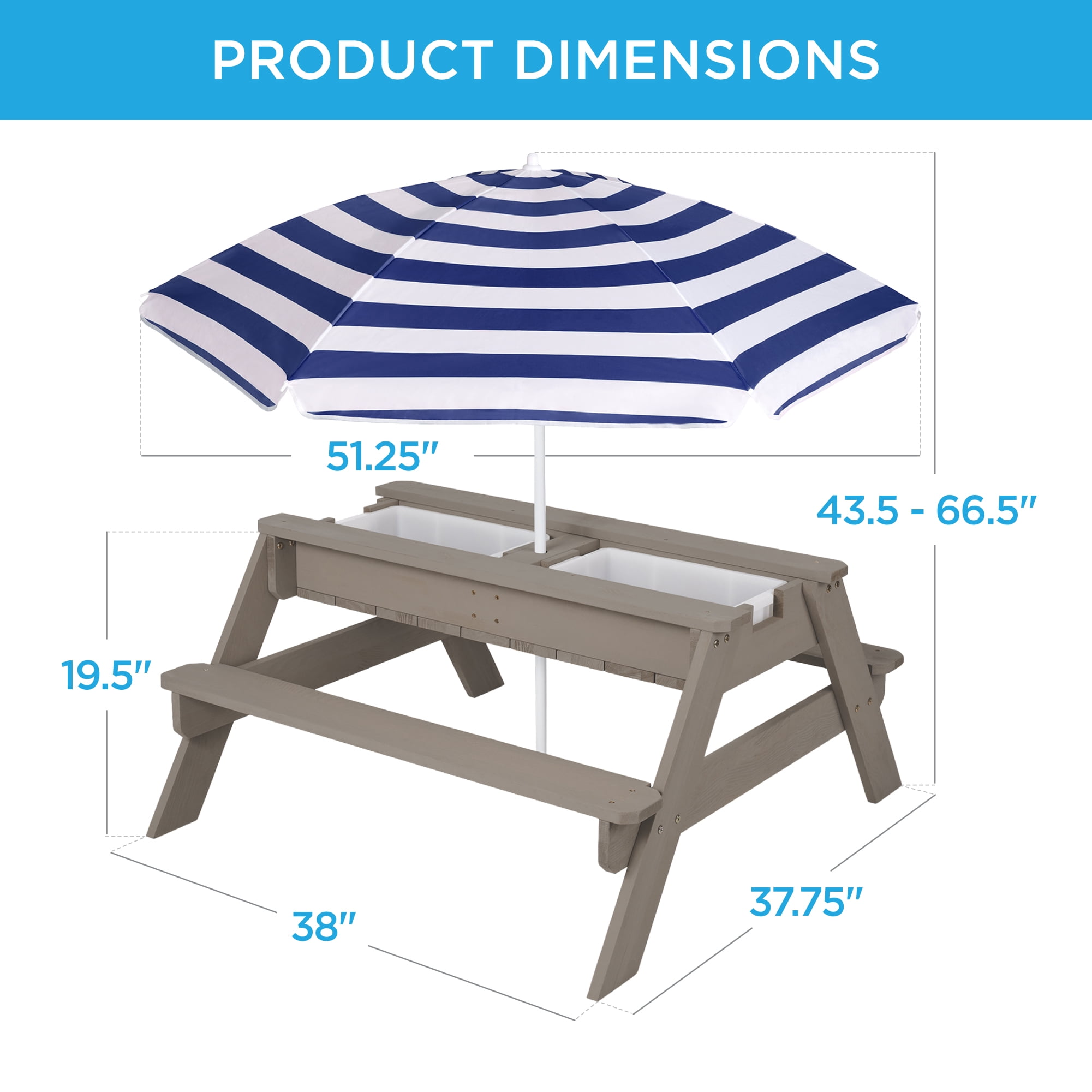Best Choice Products Kids 3-in-1 Outdoor Sand and Water Activity Picnic Table with Umbrella - Gray/Navy