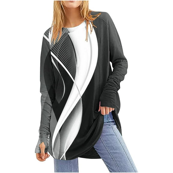 Xqxayjr Womens Tops With Thumb Holes Dressy Casual Long Sleeve Geometric Print Sweaters Tops Sweatshirts Trendy Lightweight Crew Neck Pullover Tops Clothes