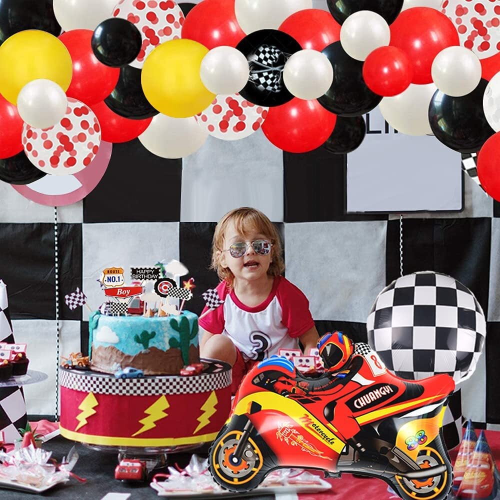 Racing Car Balloon Garland Kit, Yellow Black Red Balloon Arch with Checkered Flags Banner Checkered Balloons Confetti Balloons for Let's Go Racing Motorcycle Birthday Decorations