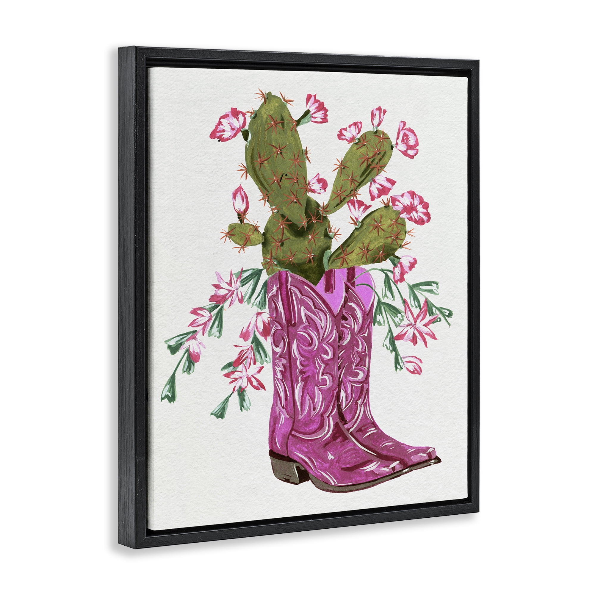 Stupell Industries Pink Accent Cactus & Boots Plants & Flowers Painting Black Floater Framed Canvas Art Print Wall Art, 17 x 21