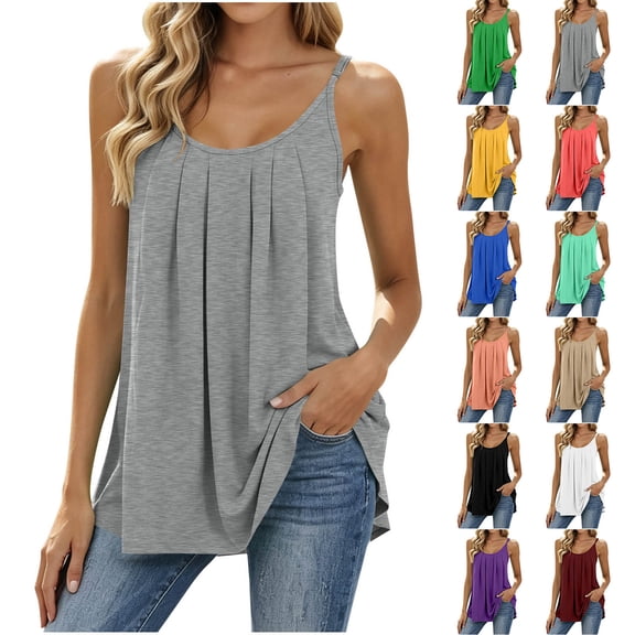 Mafeati Flowy Tank Tops for Women Plus Size Pleated Camisoles Spaghetti Strap Scoop Neck Shirts Base Layers Gray 3XL