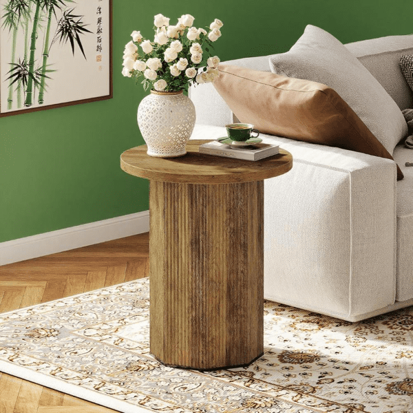 Retro Pedestal End Table, Round Top, MDF Construction for Living Room/Bedroom/Small Spaces
