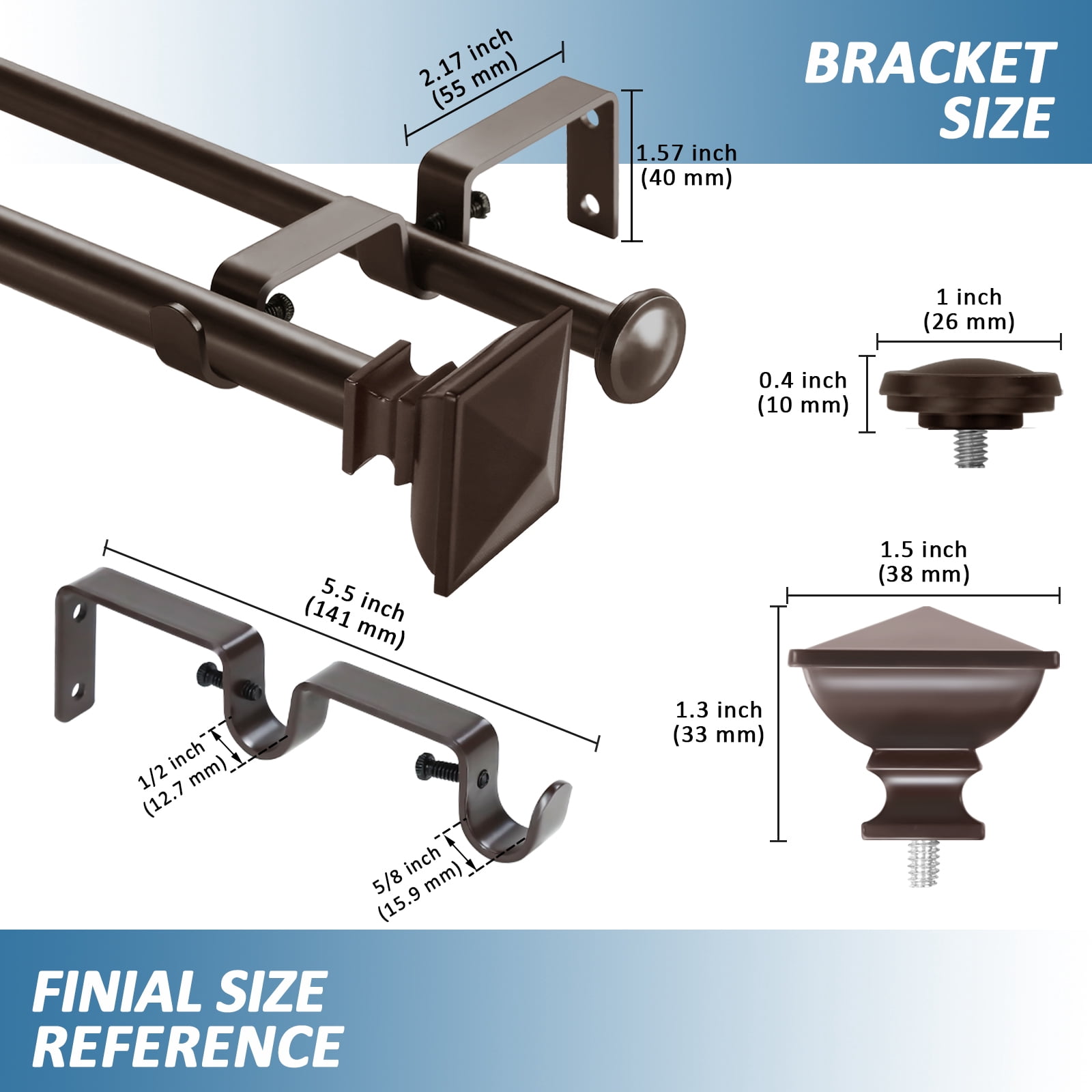 Urbanest Adjustable Double Curtain Rod Set Metal with Decorative Square Urn Finials, Heavy-Duty