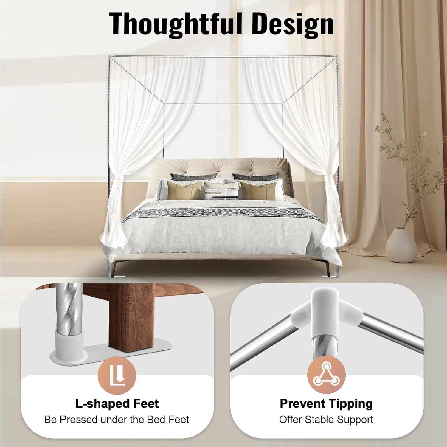 Metal Four Poster Canopy Bed Frame, Bed Post Poles 4 Corner Canopy, Stainless Steel Queen Size Canopy Bed Frame for Wood Bed Mosquito Curtains (4.92 * 6.56 * 6.56ft)