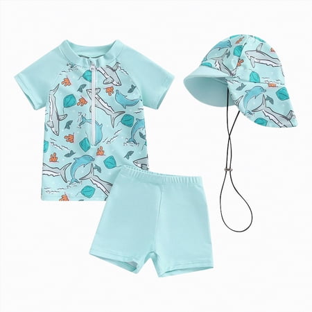 Leey-World Baby Boys Swimsuit Short Sleeve Rashguard Swim Bathing Suit Swimwear Boy Swim Trunk with Hat Toddler Bathing Suit(Light Blue 2-3 Years)