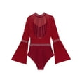 thumbnail image 6 of TSSOE Womens Mesh Flare Sleeve Bodysuit Mock Neck Sheer Leotard Gymnastics Figure Skating Dancewear Burgundy M, 6 of 7