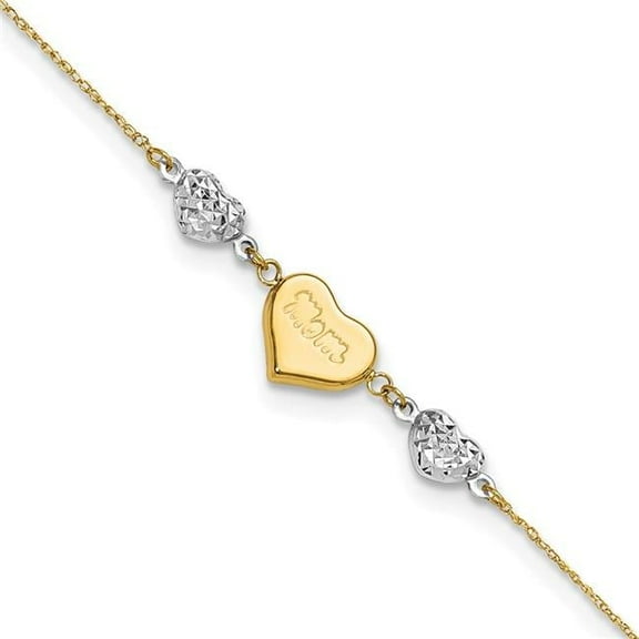 Primal Gold 14 Karat Two-Tone Diamond-cut Puffed Hearts MOM 10-inch Plus 1-inch Extension Anklet