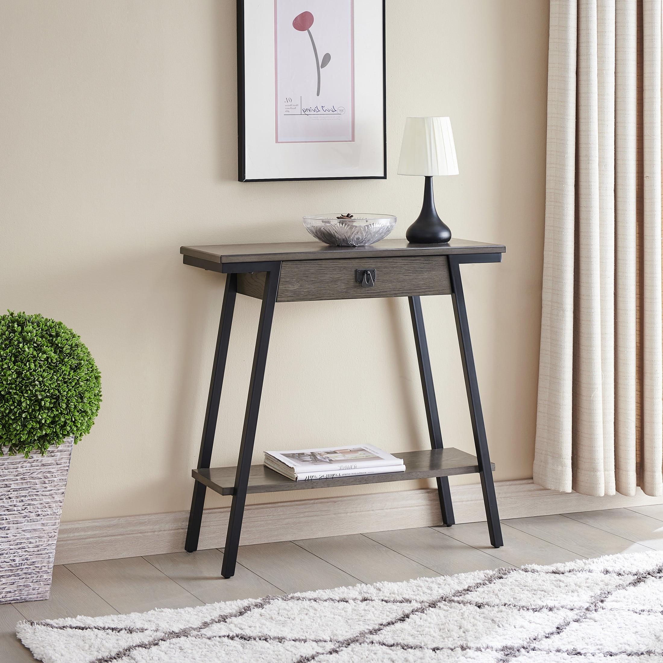 Leick Home Empiria Wood and Metal Console Table with Drawer, Gray/Matte Black
