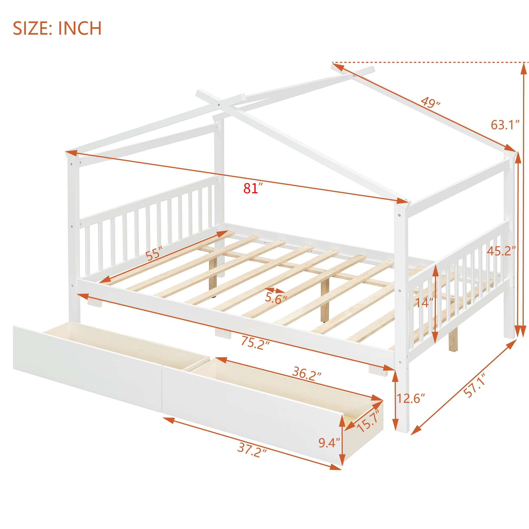 Aukfa Full Size House Bed with Two Storage Drawers for Kids, Solid Wood Montessori Bed Frame, White