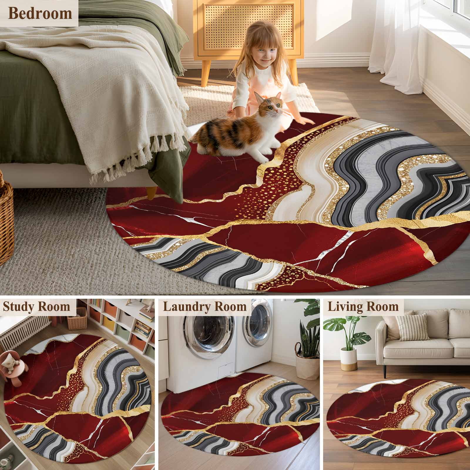 Round Rugs 3Ft, Red Marble Round Area Rug Washable Indoor Throw Carpet, Grey Gold Texture Vintage Farmhouse Art Small Non Slip Circle Rug for Bedroom Living Room Home Decor Aesthetic