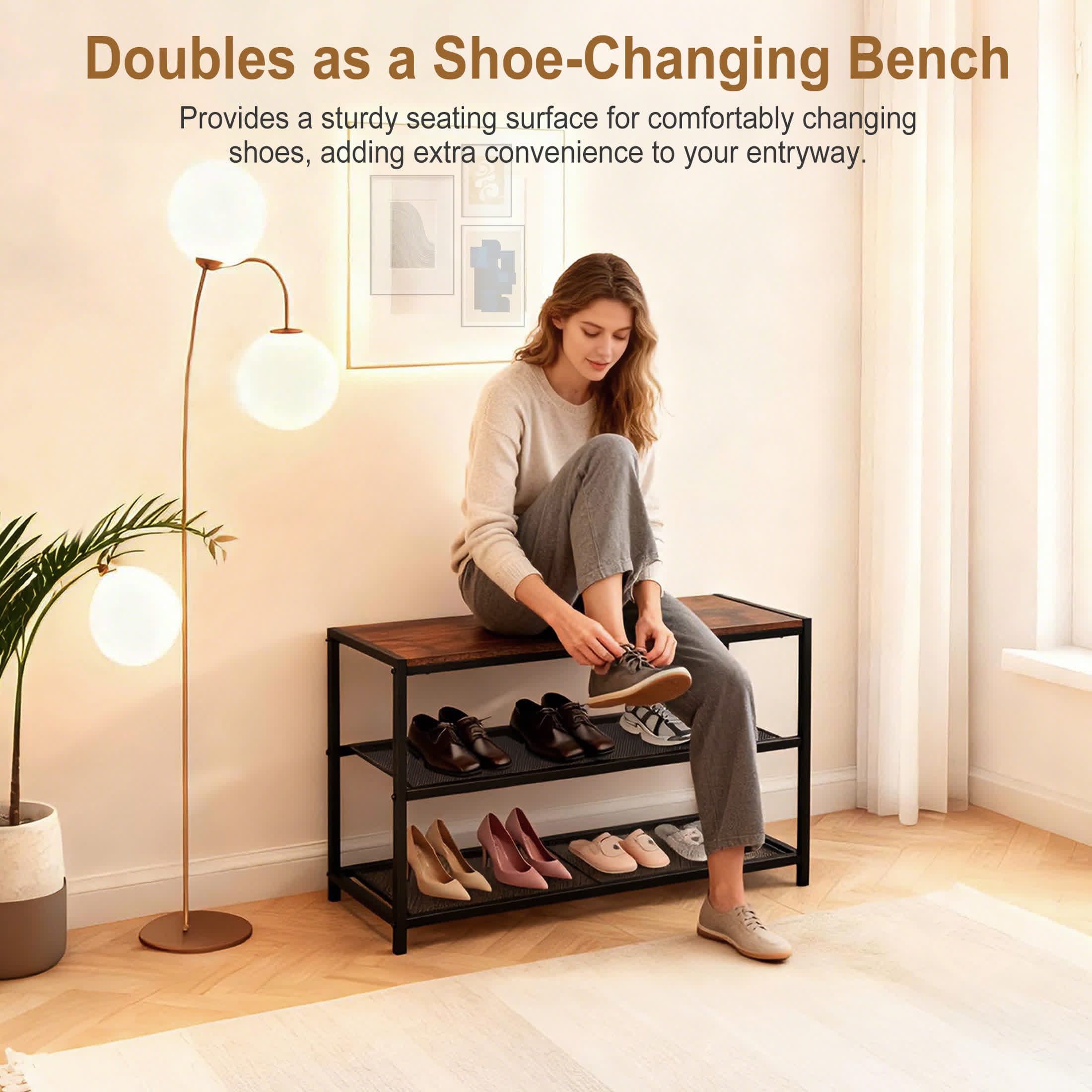 edx Shoe Rack Bench, 3-Tier Industrial Shoe Storage Organizer, 28.3inches Entry Bench with Mesh Shelves for Living Room, Entryway, Rustic Brown