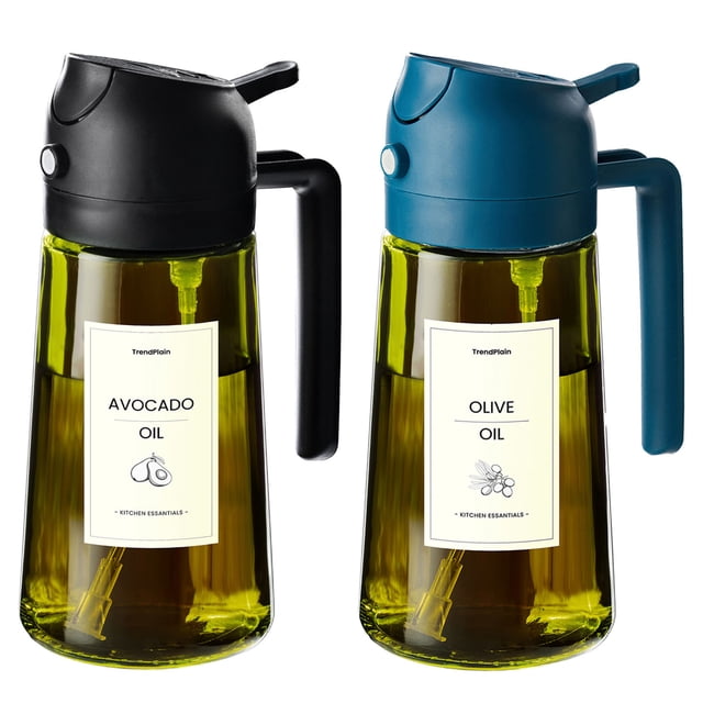 TrendPlain Dispensador de Aceite de Vidrio 16oz con Atomizador, Pulverizador para Cocina con Etiquetas, Tapa Negra y Azul Marino