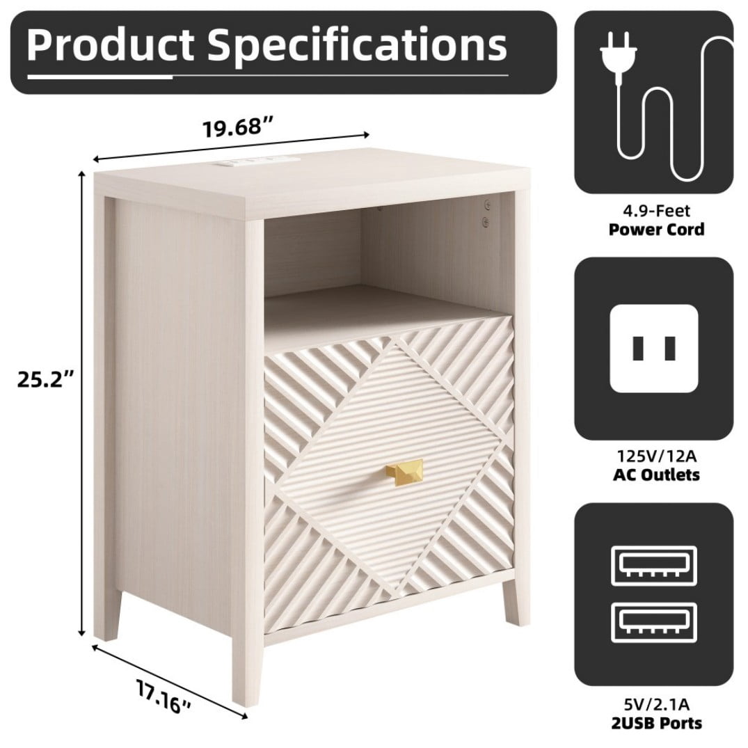 Nightstand with Charging Station, 2 USB Ports & 2 AC Outlets, 19" Modern Bedside Table with Storage Shelf and Cabinet, Beige
