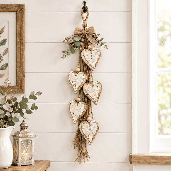 Hanging Heart Wall Decor, Rustic Farmhouse Hanging Heart Decoration with 5 Layer Wooden Hearts, Vintage Wood Hearts Trinket Shelf Hangings Art, Brown