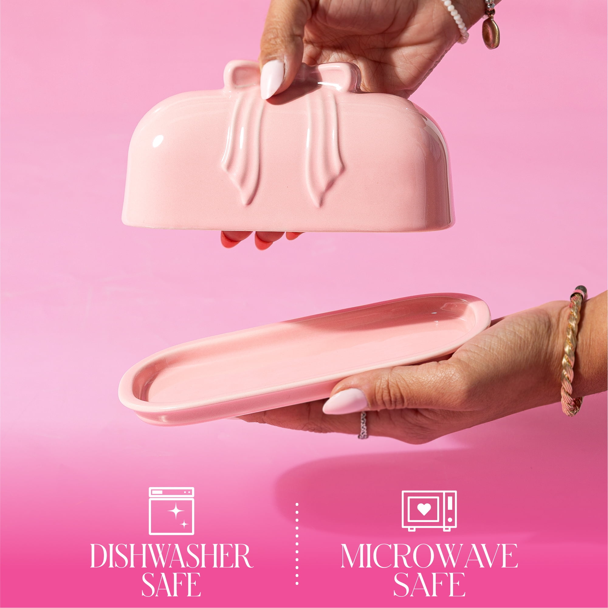 Paris Hilton London Collection Stoneware Bow Butter Dish, 2-Piece Stoneware, Microwave & Dishwasher Safe, Blush Pink