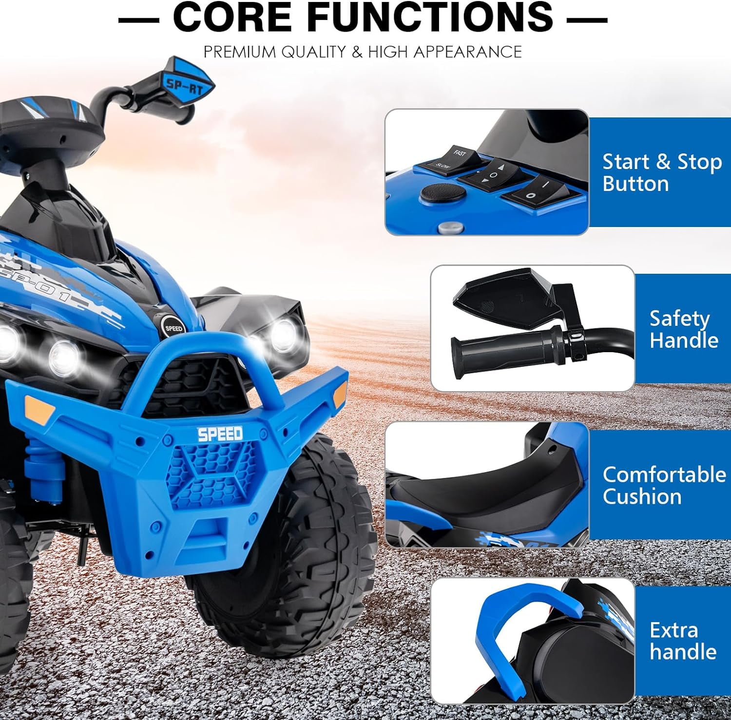 OLAKIDS Kids Ride on ATV, 12V 4 Wheeler Quad Toy Vehicle with Music, Horn, High Low Speeds, LED Lights, Electric Ride On Toy, Battery Powered Wheels Car for Children 3-8 Years Old