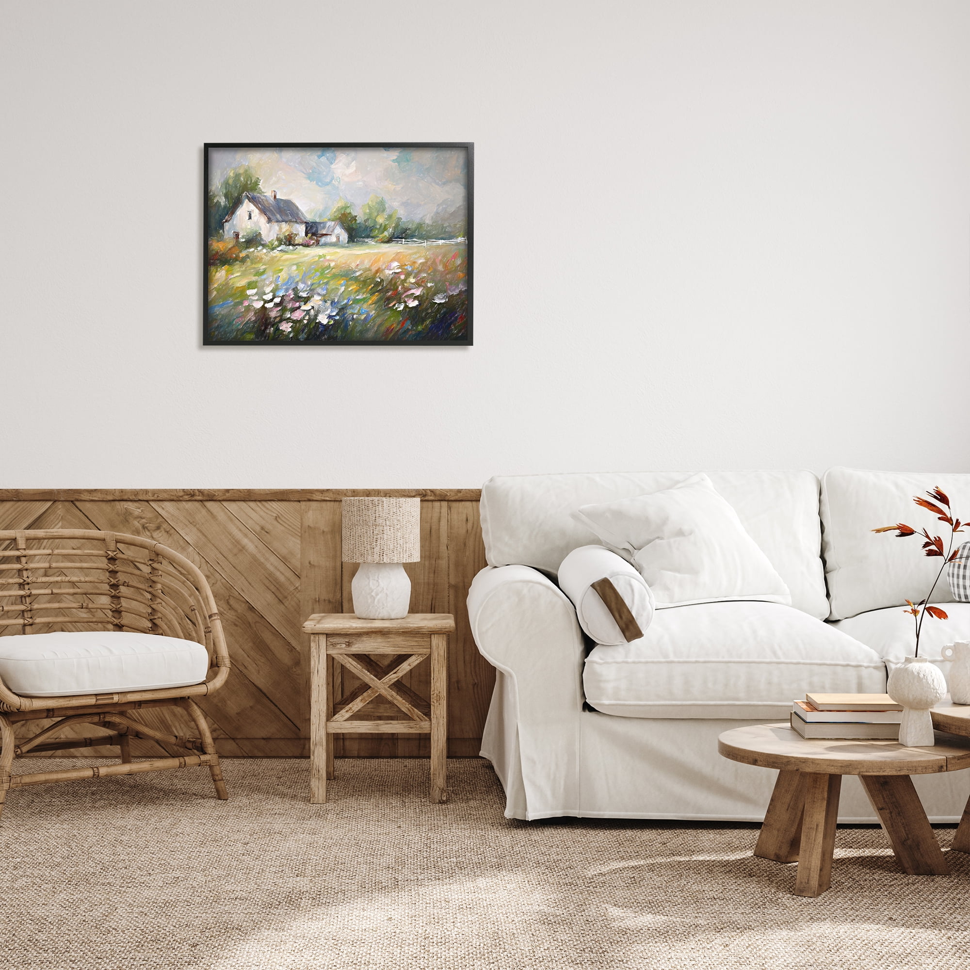 Stupell Industries Windblown Flowers Farmhouse Landscape Painting Black Framed Art Print Wall Art, 30 x 24